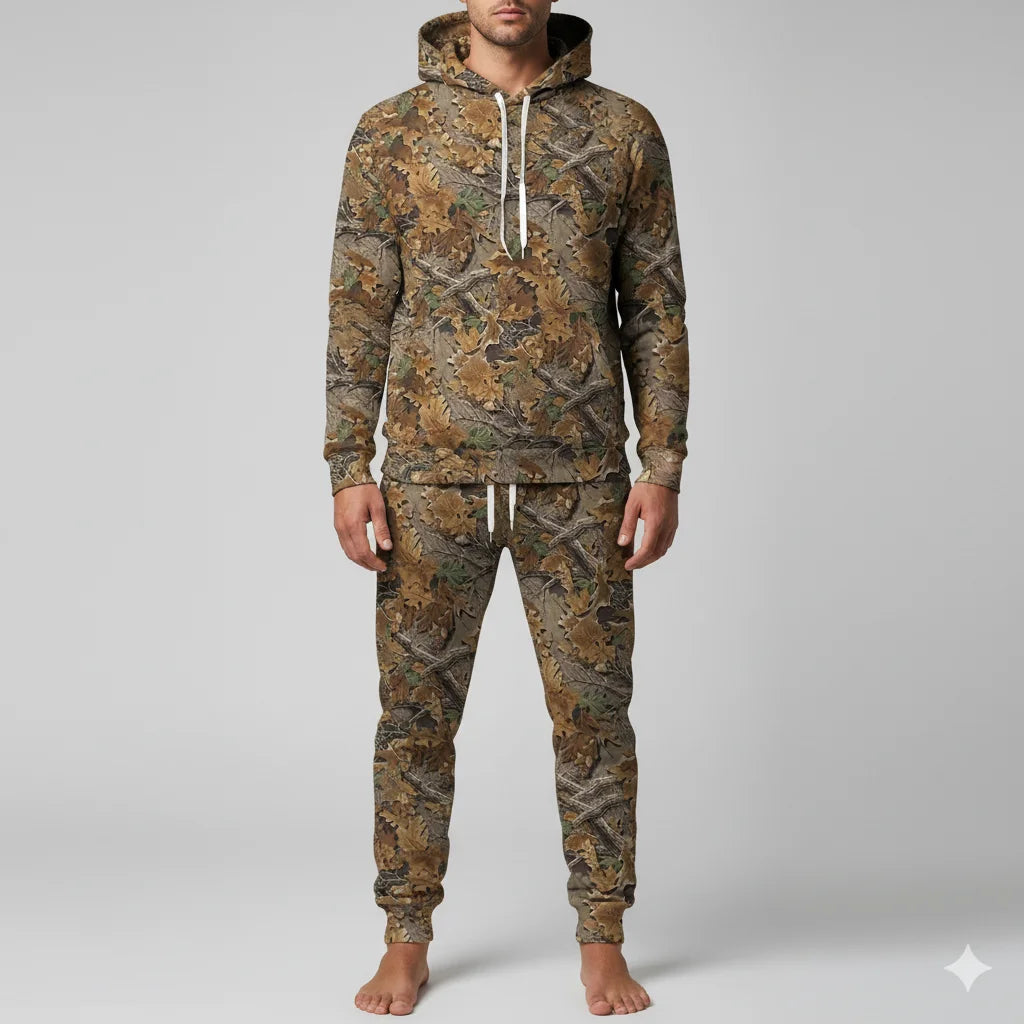 Custom Hunting Tracksuits New Design Polyester Full Printed Camo Forest Theme Long Sleeve Hooded Hunting Tracksuits