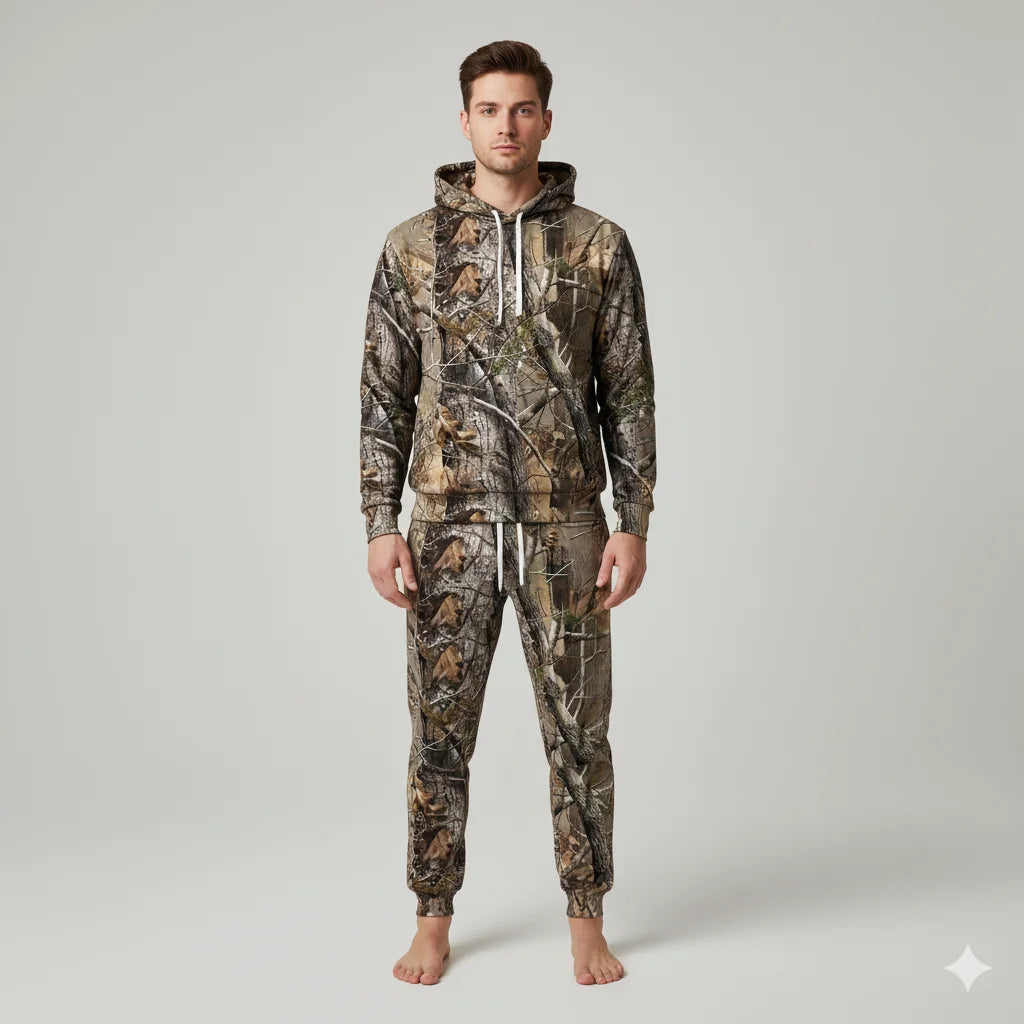 Custom Hunting Tracksuits New Design Polyester Full Printed Camo Forest Theme Long Sleeve Hooded Hunting Tracksuits