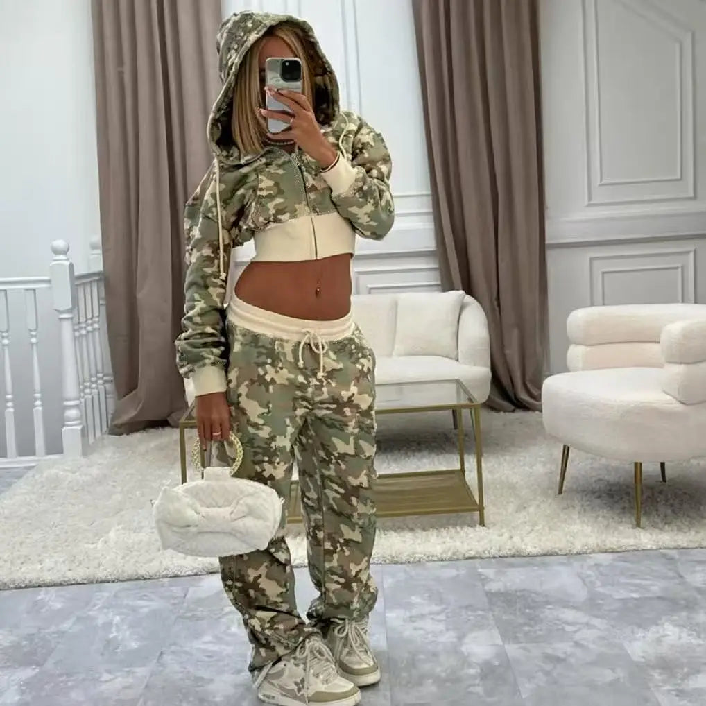 Camouflage Sports Two Piece Sets Womens Outifits Street Hip-hop Womens Two Peice Sets Slim Hoodie Casual Loose Sports Pants
