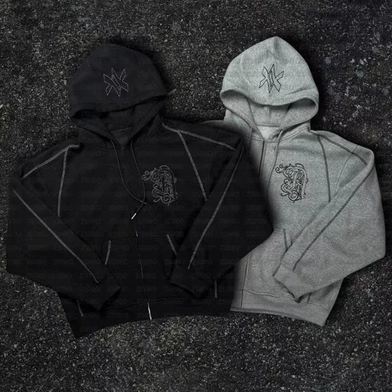 American Retro Casual Y2k Zip Up Hoodies Sweatpants Two-piece Suits Men Clothing Streetwear Gothic Joggers Couples Sweatshirts