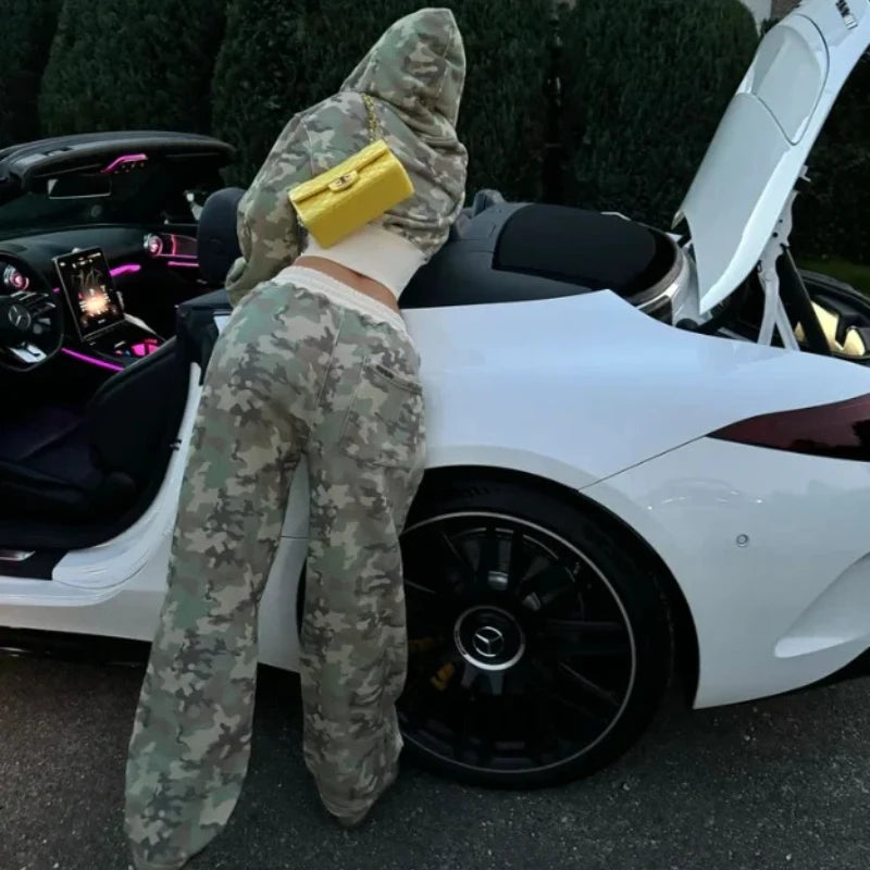 Camouflage Sports Two Piece Sets Womens Outifits Street Hip-hop Womens Two Peice Sets Slim Hoodie Casual Loose Sports Pants