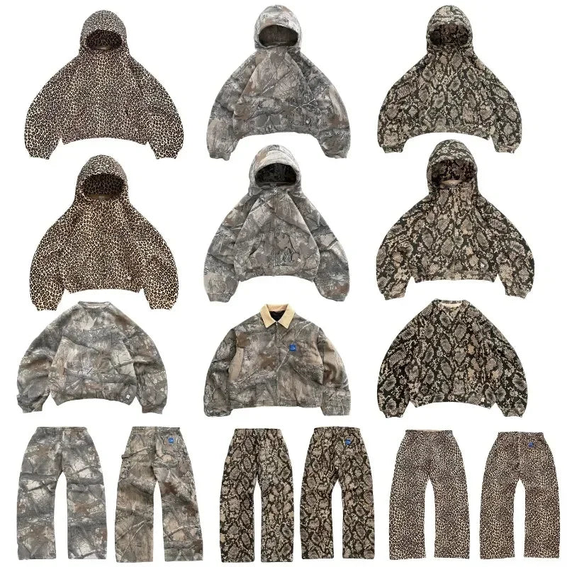 Street retro Camo Hoodie for Men y2k Goth Harajuku Fashion Leopard Print Python Sweatshirt couple loose High Street hoodie