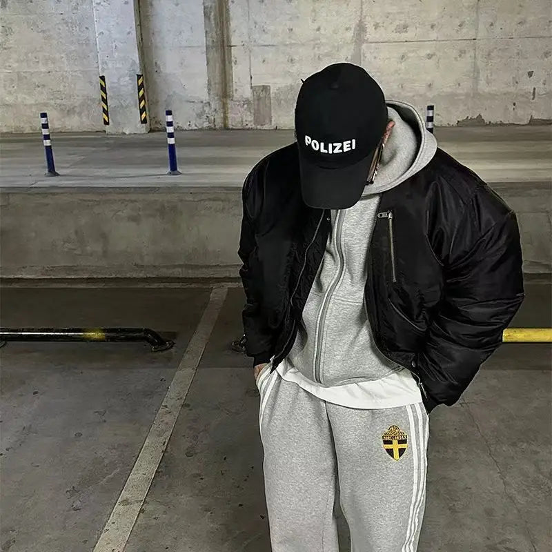 Fashion Retro Stripe Embroidery Zipper Hoodie Sweater Set Men's Two-Piece Set Hip Hood Embroidery Oversized Sweater Men's Set