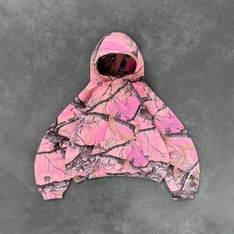 Hip Hop HarajukuStreet RetroNew Y2KCamouflage Pattern Hood Mens and Womens Pink Street Clothing Pullover Punk Casual Camouflage