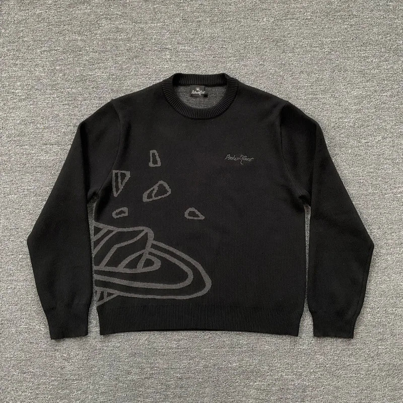 American Street Planet Embroidered Sweater Jacquard Logo Unisex Couple Crewneck Knitwear