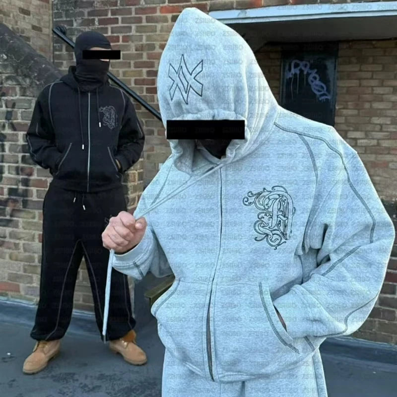 American Retro Casual Y2k Zip Up Hoodies Sweatpants Two-piece Suits Men Clothing Streetwear Gothic Joggers Couples Sweatshirts