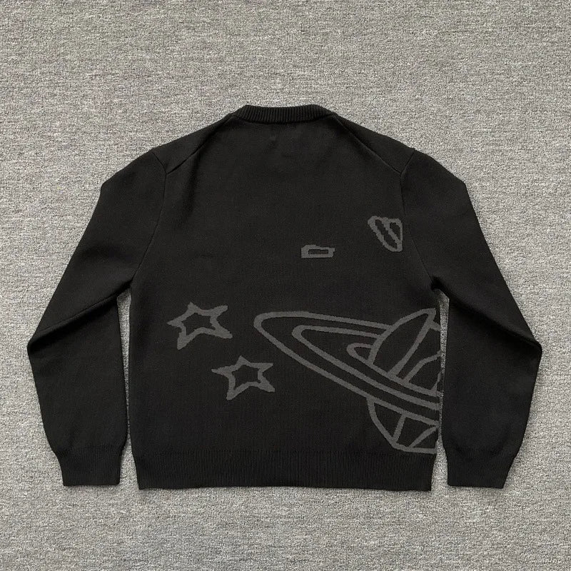 American Street Planet Embroidered Sweater Jacquard Logo Unisex Couple Crewneck Knitwear