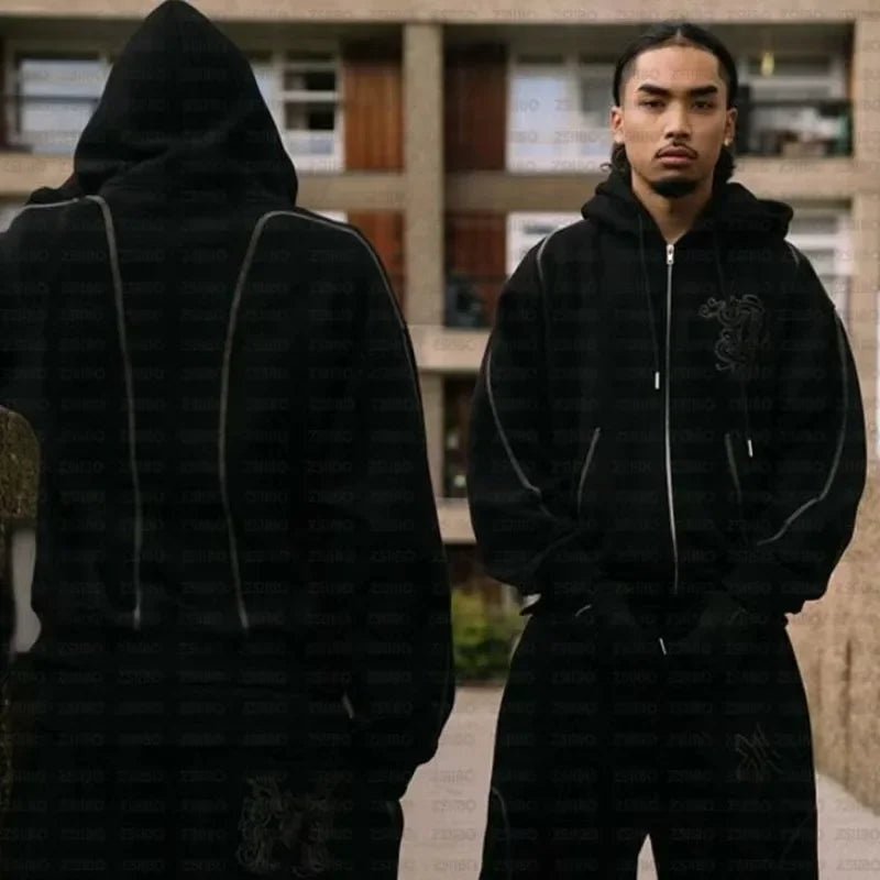 American Retro Casual Y2k Zip Up Hoodies Sweatpants Two-piece Suits Men Clothing Streetwear Gothic Joggers Couples Sweatshirts