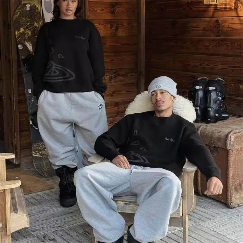 American Street Planet Embroidered Sweater Jacquard Logo Unisex Couple Crewneck Knitwear