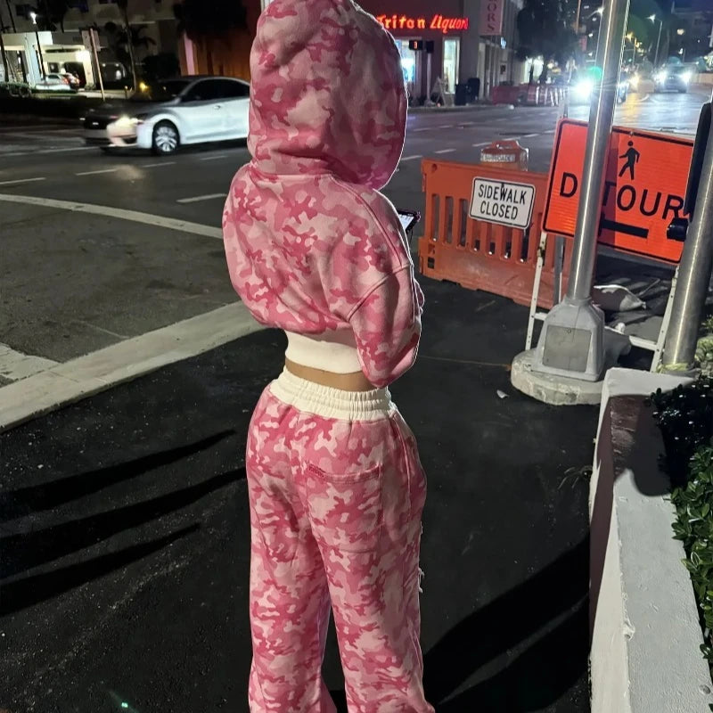 Camouflage Sports Two Piece Sets Womens Outifits Street Hip-hop Womens Two Peice Sets Slim Hoodie Casual Loose Sports Pants