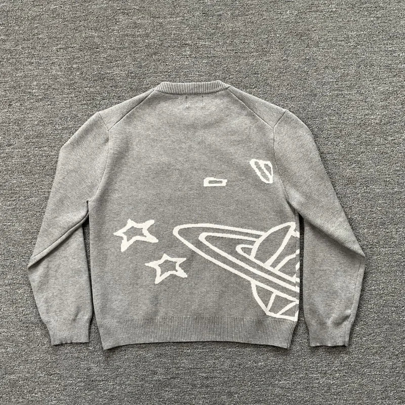 American Street Planet Embroidered Sweater Jacquard Logo Unisex Couple Crewneck Knitwear