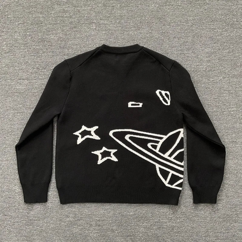 American Street Planet Embroidered Sweater Jacquard Logo Unisex Couple Crewneck Knitwear