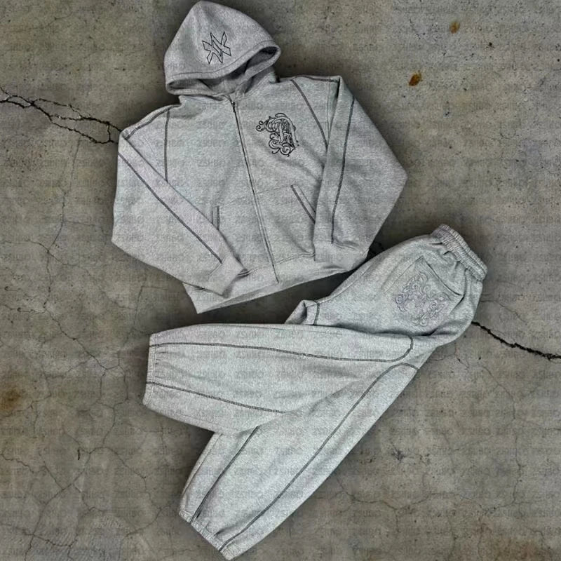 American Retro Casual Y2k Zip Up Hoodies Sweatpants Two-piece Suits Men Clothing Streetwear Gothic Joggers Couples Sweatshirts