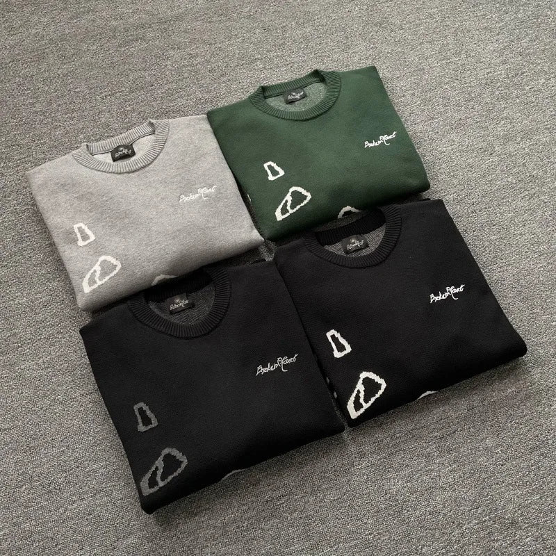 American Street Planet Embroidered Sweater Jacquard Logo Unisex Couple Crewneck Knitwear