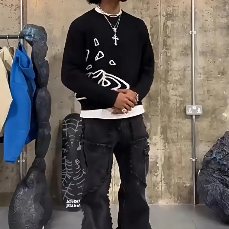 American Street Planet Embroidered Sweater Jacquard Logo Unisex Couple Crewneck Knitwear