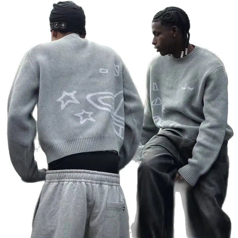 American Street Planet Embroidered Sweater Jacquard Logo Unisex Couple Crewneck Knitwear