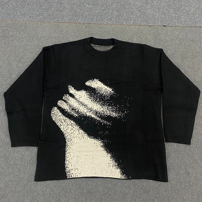 American Street Temperament Commuter Pullover Sweater Winter Cartoon Pattern Jacquard Loose Casual Round Neck Men Women Clothes