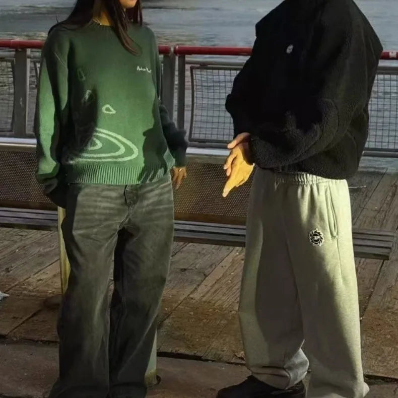 American Street Planet Embroidered Sweater Jacquard Logo Unisex Couple Crewneck Knitwear