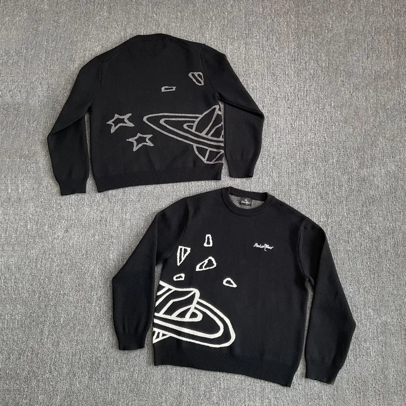 American Street Planet Embroidered Sweater Jacquard Logo Unisex Couple Crewneck Knitwear