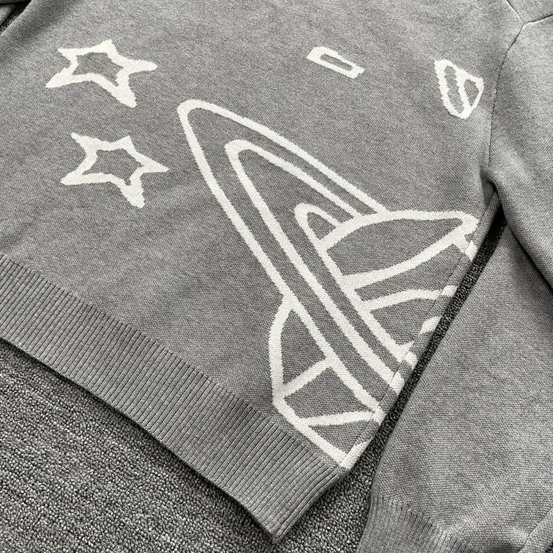 American Street Planet Embroidered Sweater Jacquard Logo Unisex Couple Crewneck Knitwear