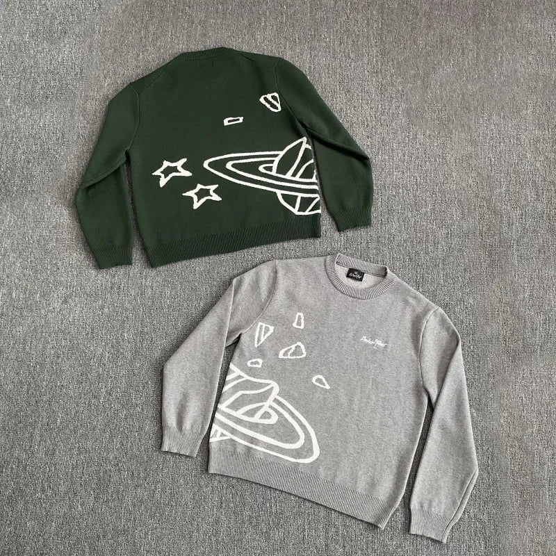 American Street Planet Embroidered Sweater Jacquard Logo Unisex Couple Crewneck Knitwear