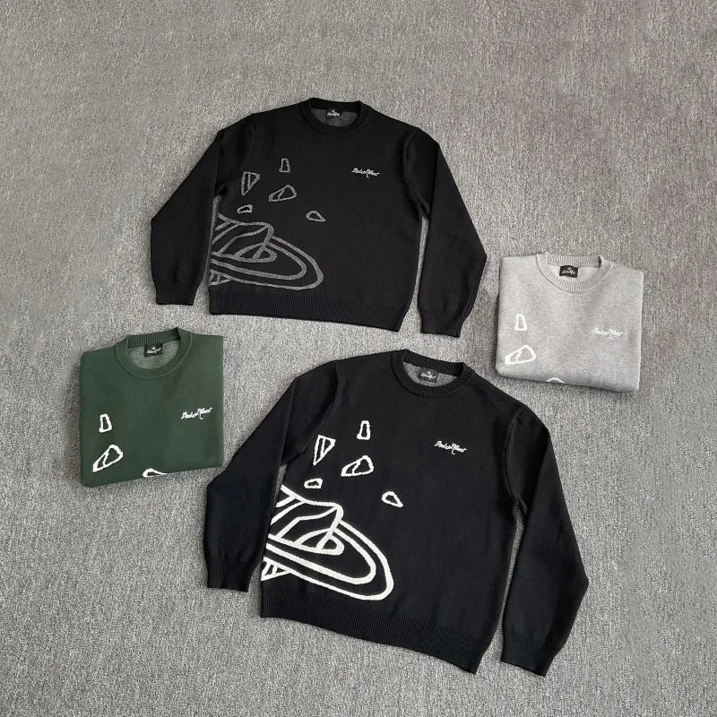 American Street Planet Embroidered Sweater Jacquard Logo Unisex Couple Crewneck Knitwear