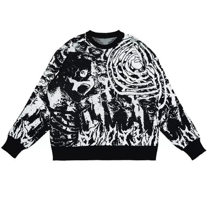 Hip Hop Streetwear Anime Knitted Sweaters Casual Loose Men Women Vintage Fashion Cartoon Round Neck Unisex Long Sleeve Pullovers
