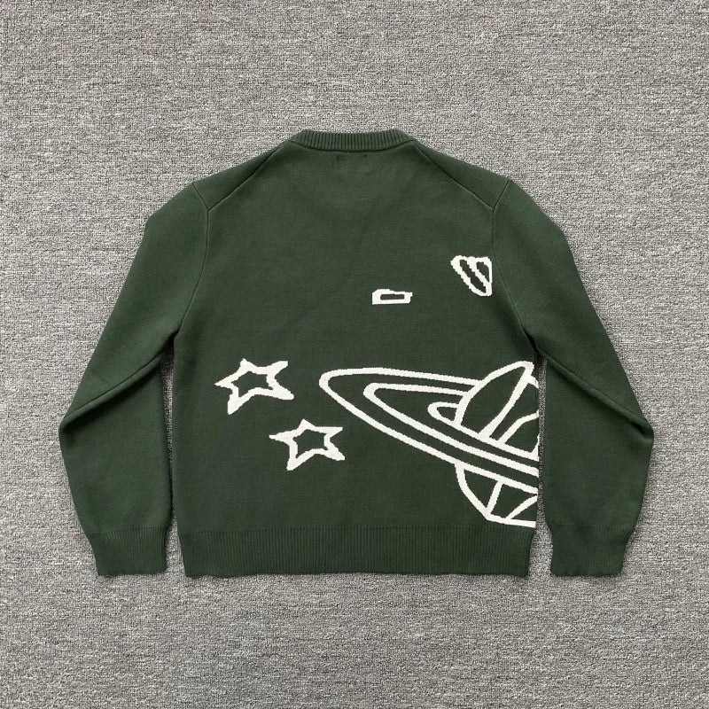 American Street Planet Embroidered Sweater Jacquard Logo Unisex Couple Crewneck Knitwear