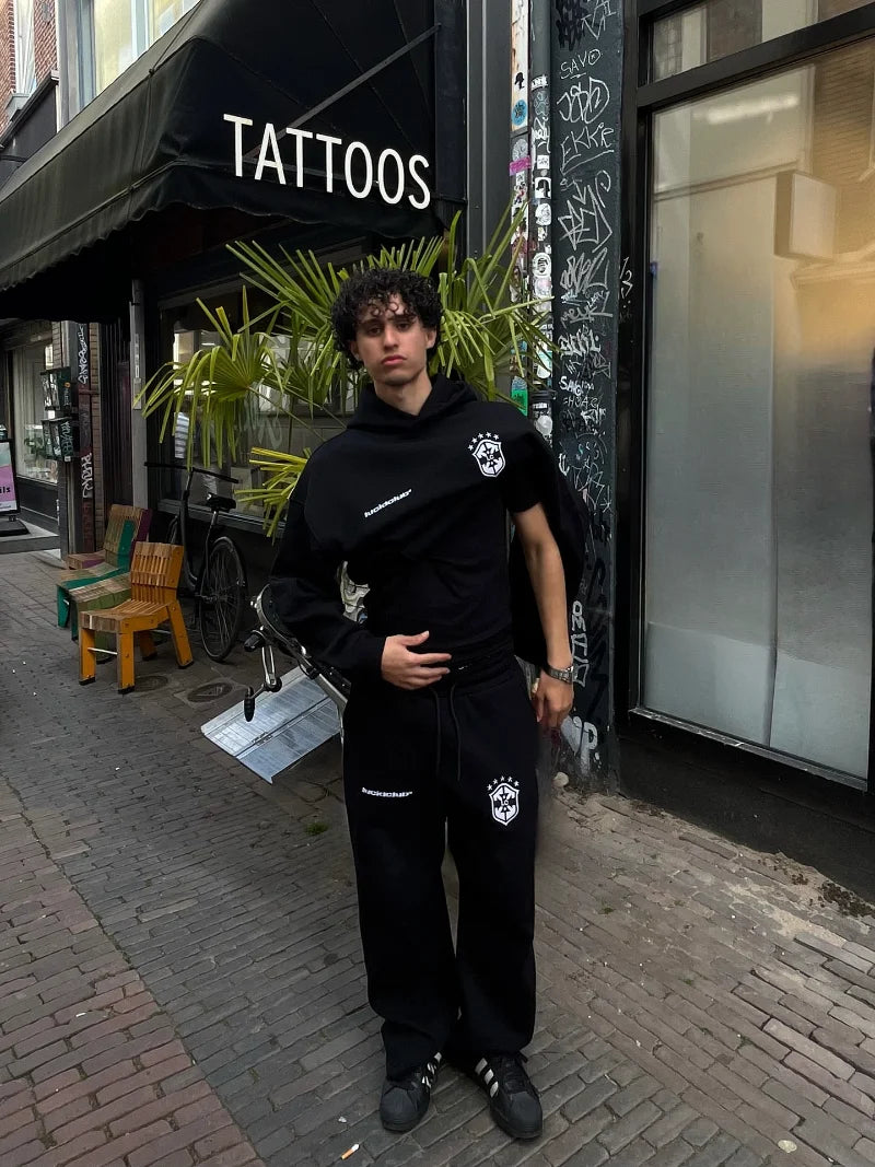 Trendy Hip Hop Men Clothing Set Shield Pattern Design New Set Retro Harajuku European Fashion Casual Loose Sports Set Women