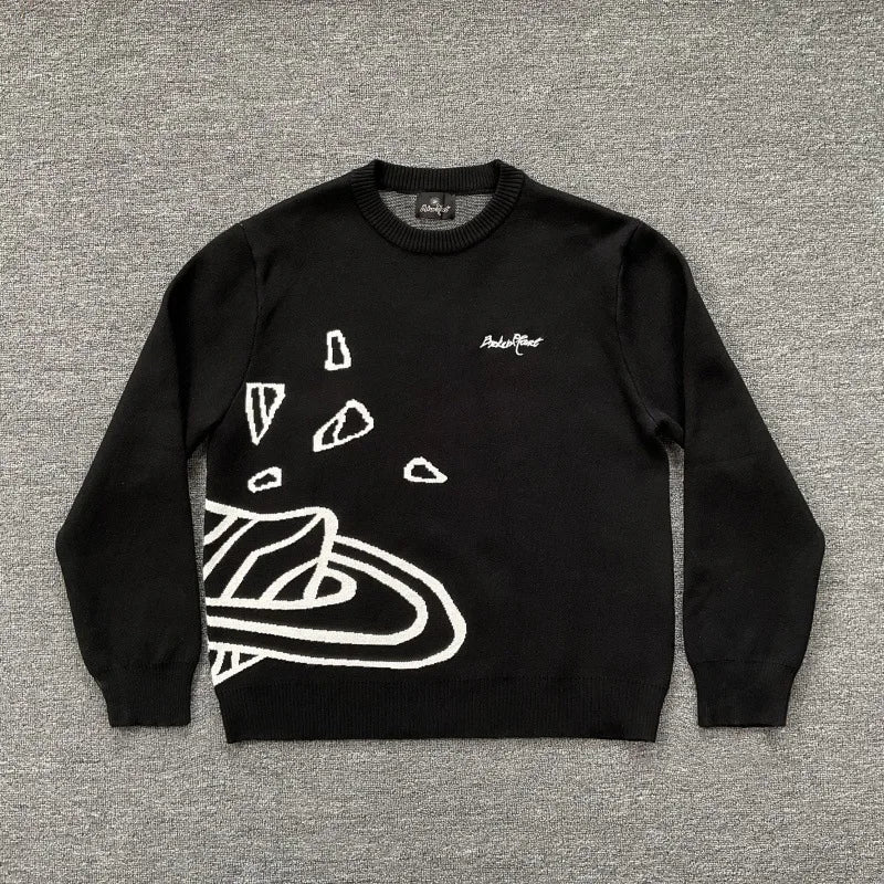 American Street Planet Embroidered Sweater Jacquard Logo Unisex Couple Crewneck Knitwear