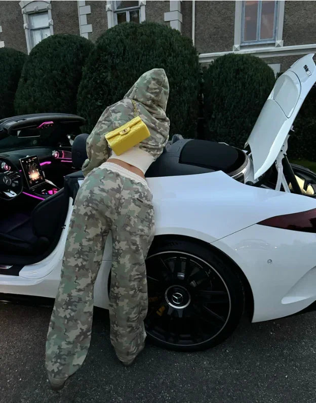 Camouflage Sports Two Piece Sets Womens Outifits Street Hip-hop Womens Two Peice Sets Slim Hoodie Casual Loose Sports Pants