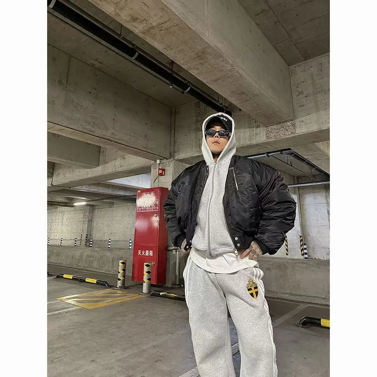 Fashion Retro Stripe Embroidery Zipper Hoodie Sweater Set Men's Two-Piece Set Hip Hood Embroidery Oversized Sweater Men's Set