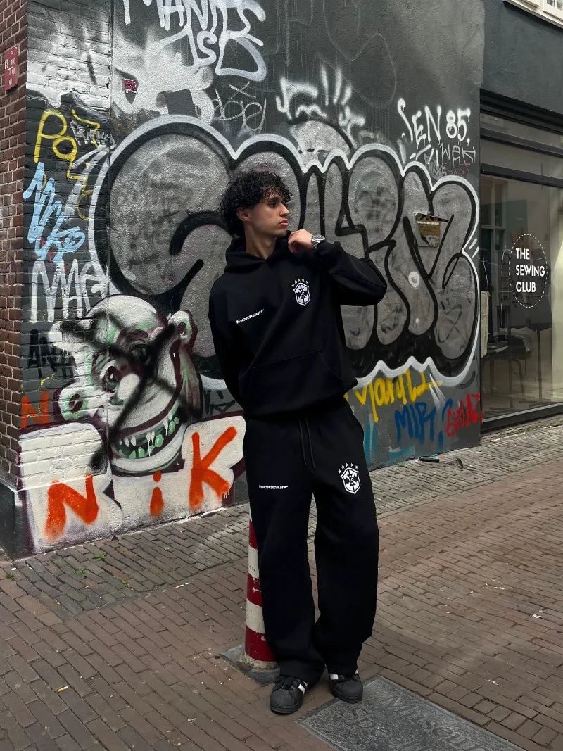 Trendy Hip Hop Men Clothing Set Shield Pattern Design New Set Retro Harajuku European Fashion Casual Loose Sports Set Women