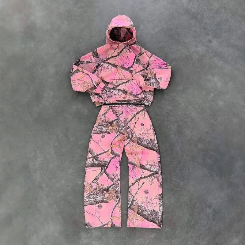 Hip Hop HarajukuStreet RetroNew Y2KCamouflage Pattern Hood Mens and Womens Pink Street Clothing Pullover Punk Casual Camouflage