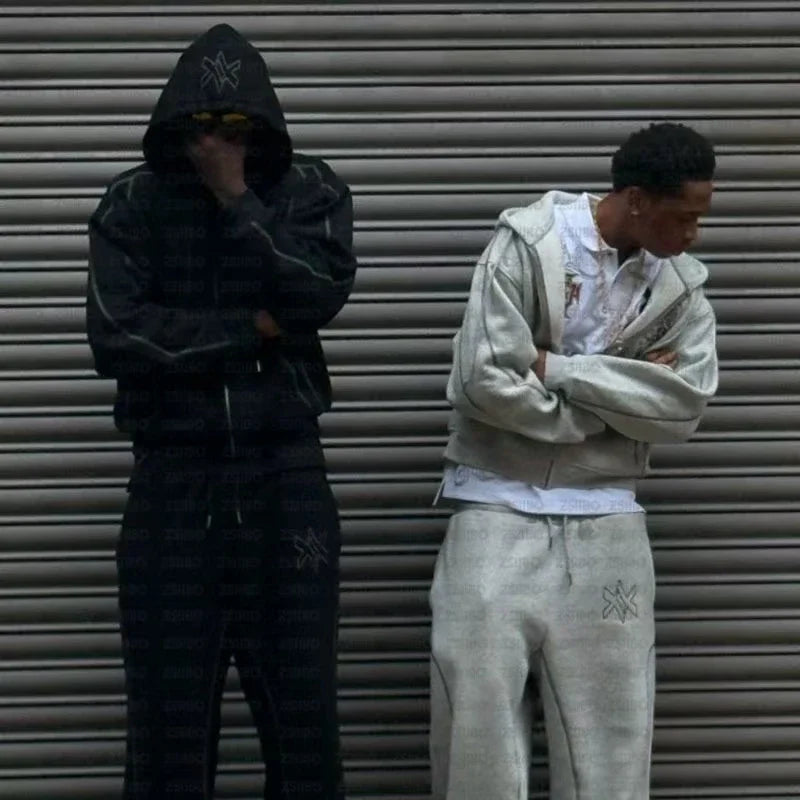 American Retro Casual Y2k Zip Up Hoodies Sweatpants Two-piece Suits Men Clothing Streetwear Gothic Joggers Couples Sweatshirts