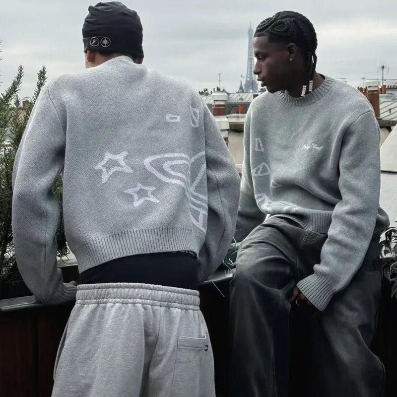 American Street Planet Embroidered Sweater Jacquard Logo Unisex Couple Crewneck Knitwear