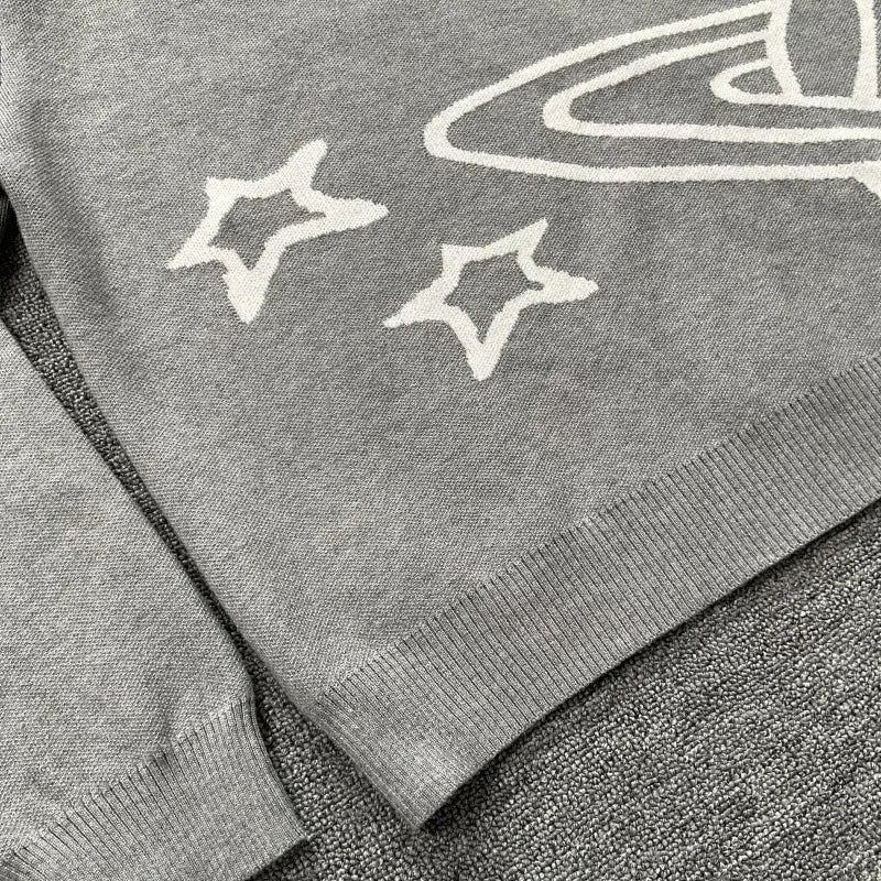 American Street Planet Embroidered Sweater Jacquard Logo Unisex Couple Crewneck Knitwear